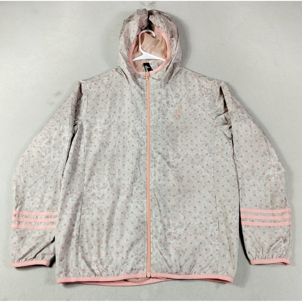 Adidas Jacket Womens Petite XL Pink Polka Do Lightweight Full Zip Windbreaker